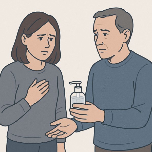 Cena ilustrando a acomodação familiar no TOC, onde um parente ajuda no ritual de limpeza, reforçando o transtorno.