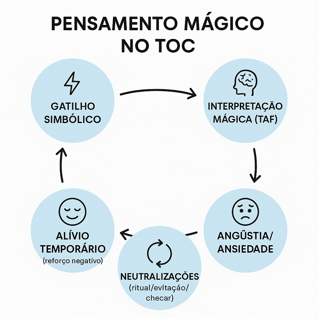 Ciclo do pensamento mágico no TOC: gatilho simbólico, interpretação mágica TAF, angústia ansiedade, neutralizações e alívio temporário