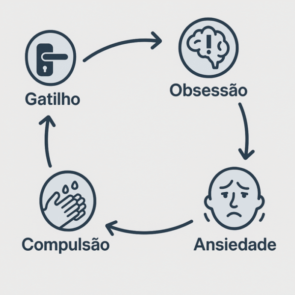 Infográfico do ciclo vicioso do TOC de contaminação, mostrando as etapas de gatilho, obsessão, ansiedade e compulsão. 